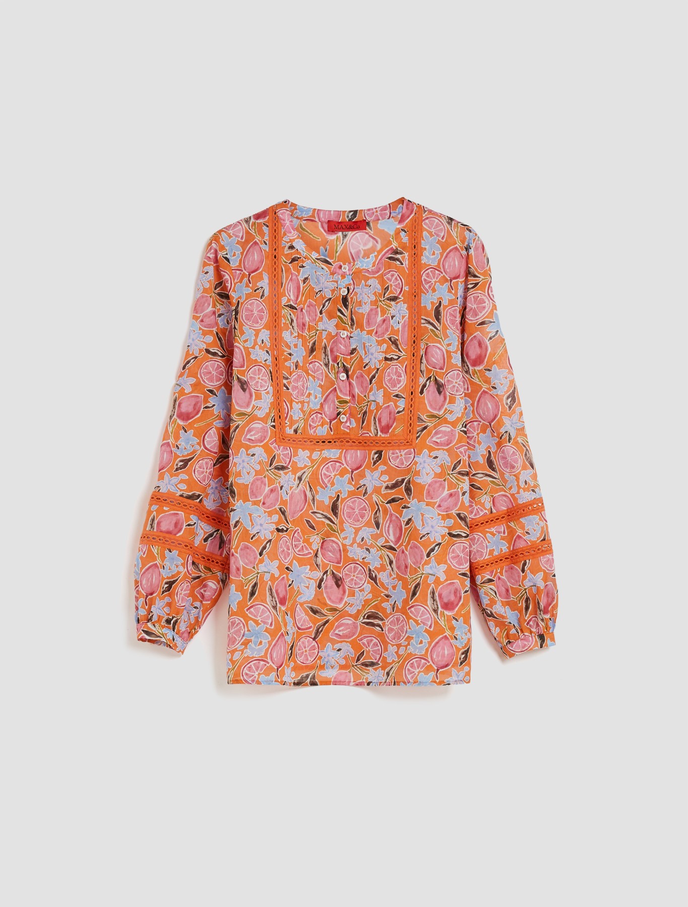 Cotton blouse with lace, orange pattern 