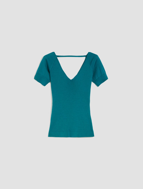 Ribbed V-neck top, emerald green - Max\u0026Co.