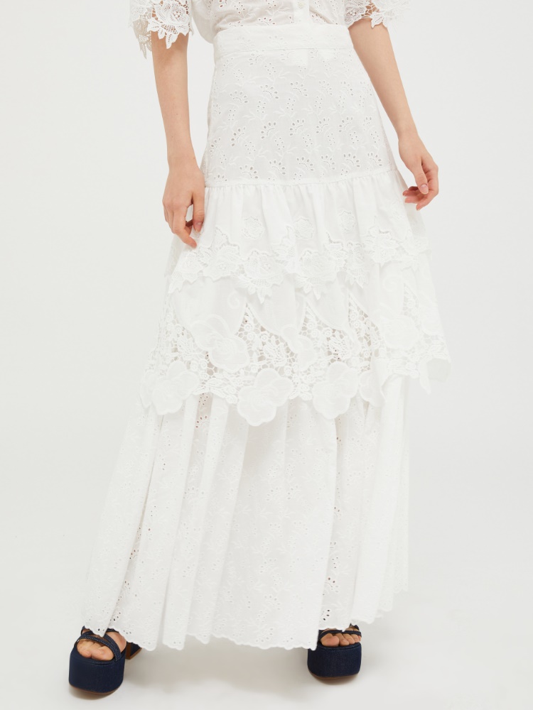 RUBIA WHITE FLORAL BRODERIE ANGLAISE COTTON-POPLIN PENCIL SKIRT