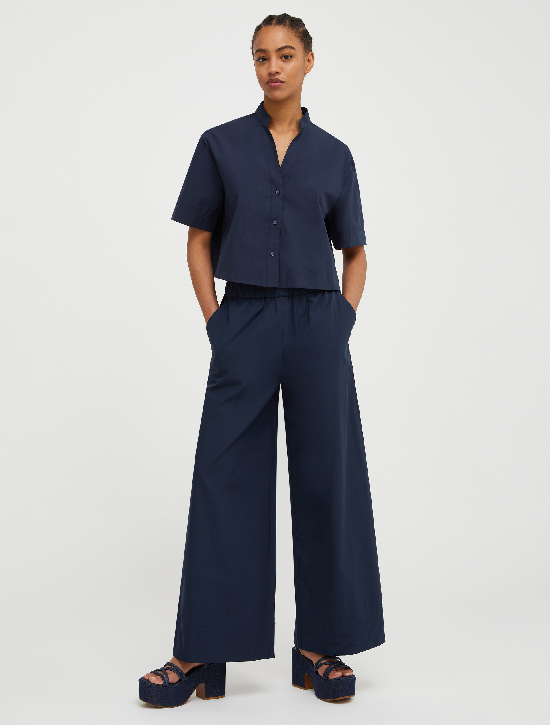 Cropped cotton-poplin shirt, midnightblue | MAX&Co
