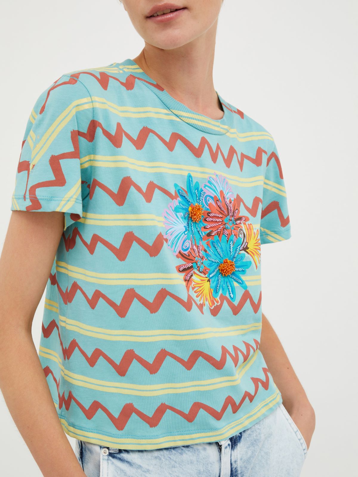 カリブリ] プリント エンブロイダリー Tシャツ, ライトブルー | MAX&Co 