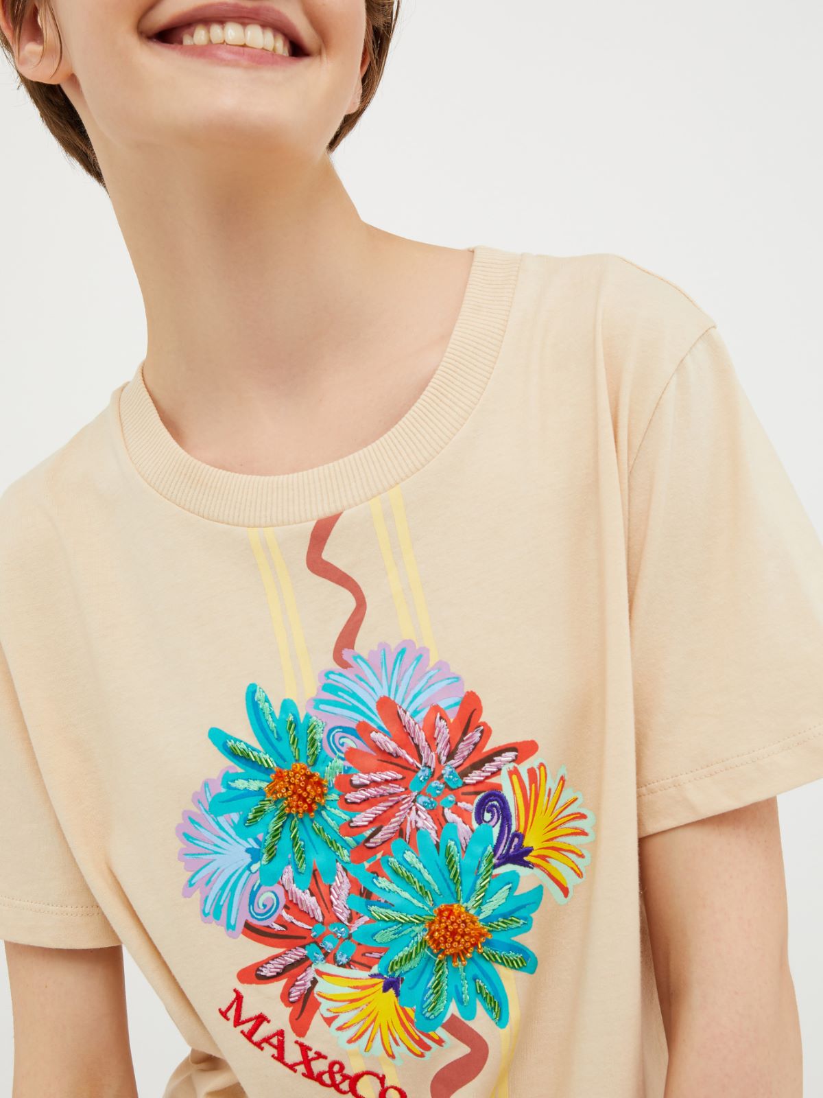 カリブリ] プリント エンブロイダリー Tシャツ, ナチュラル | MAX&Co mori4011mori様専用※同梱割引