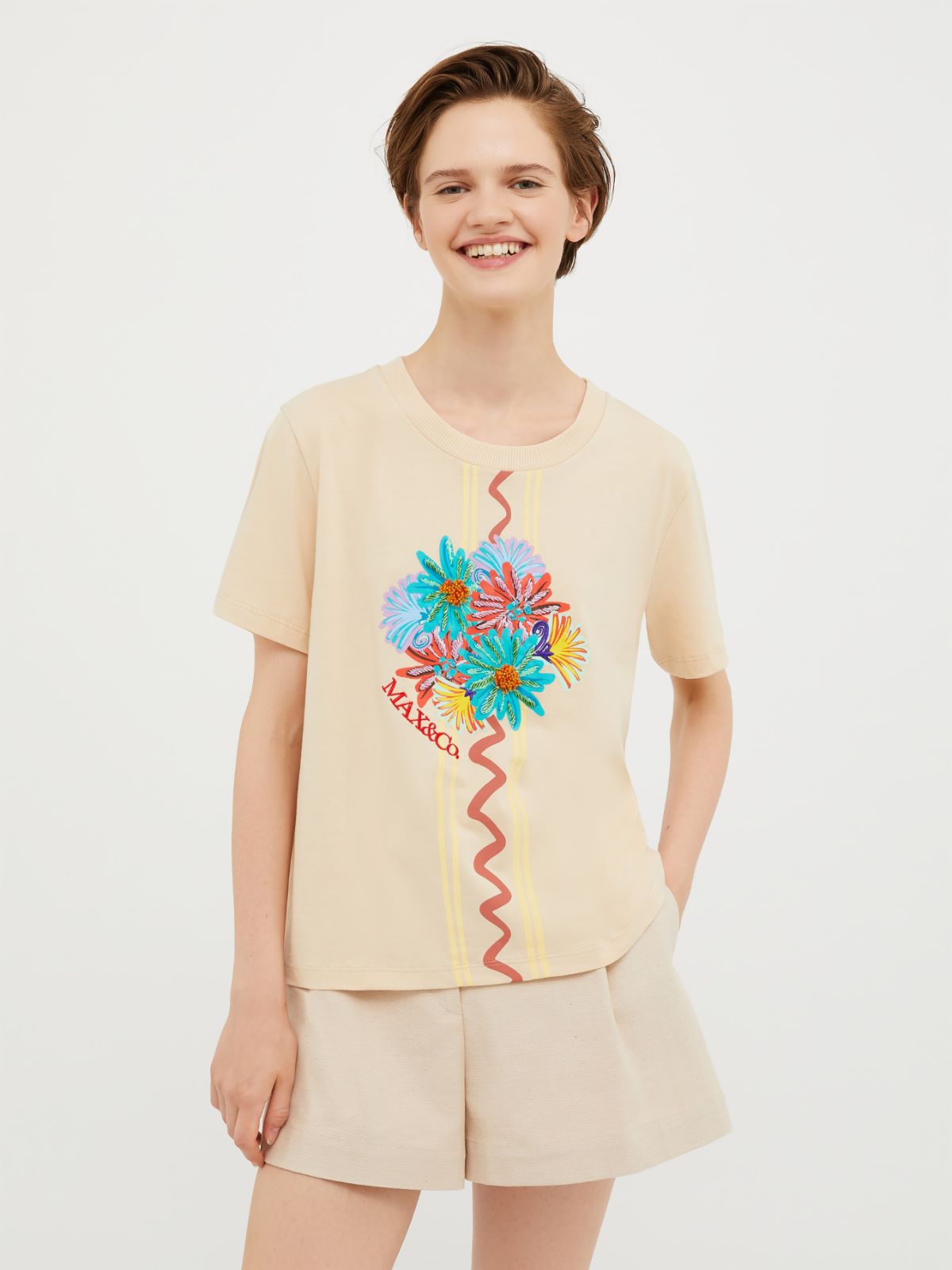 カリブリ] プリント エンブロイダリー Tシャツ, ナチュラル | MAX&Co mori4011mori様専用※同梱割引