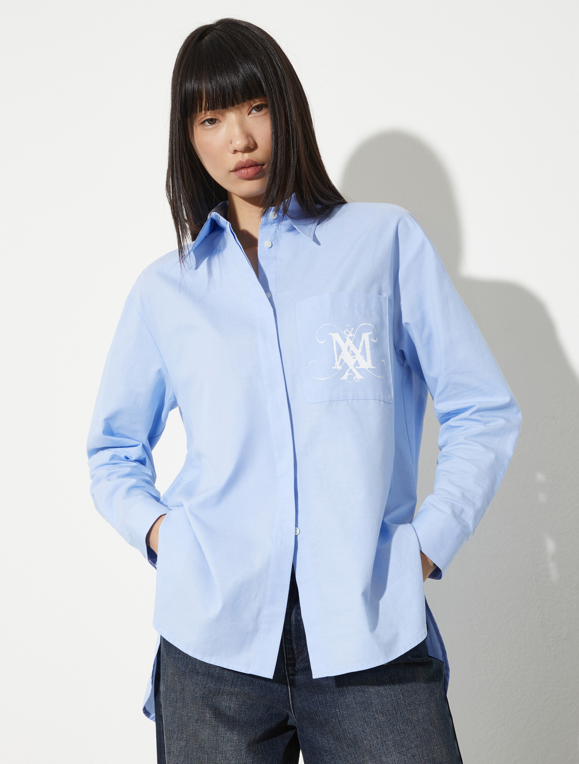 Emblem and lettering-detail shirt, light blue | MAX&Co. Emblem and lettering-detail shirt - LIGHT BLUE - MAX&Co.