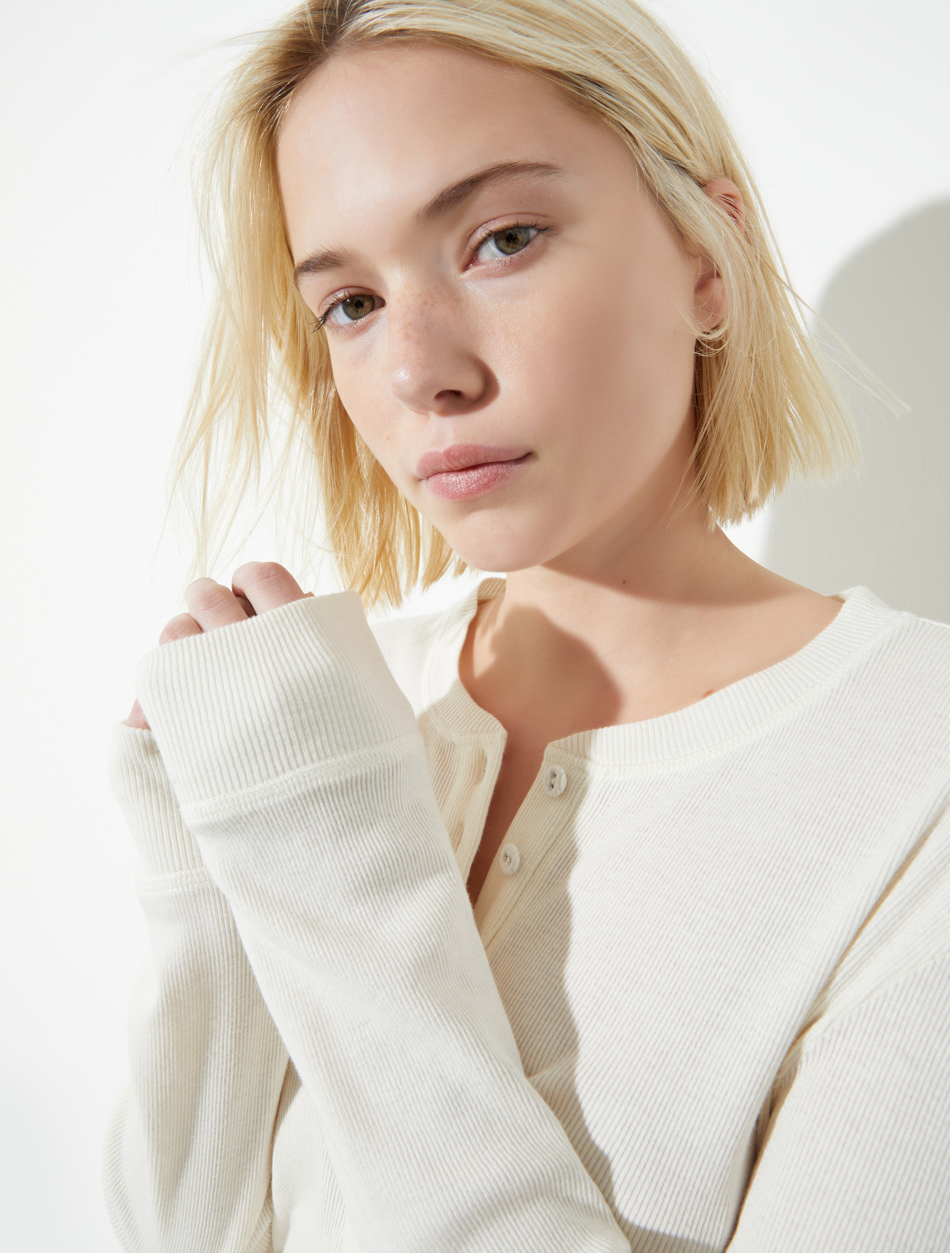 Grandad-collar ribbed T-shirt - WOOL WHITE - MAX&Co. - 3
