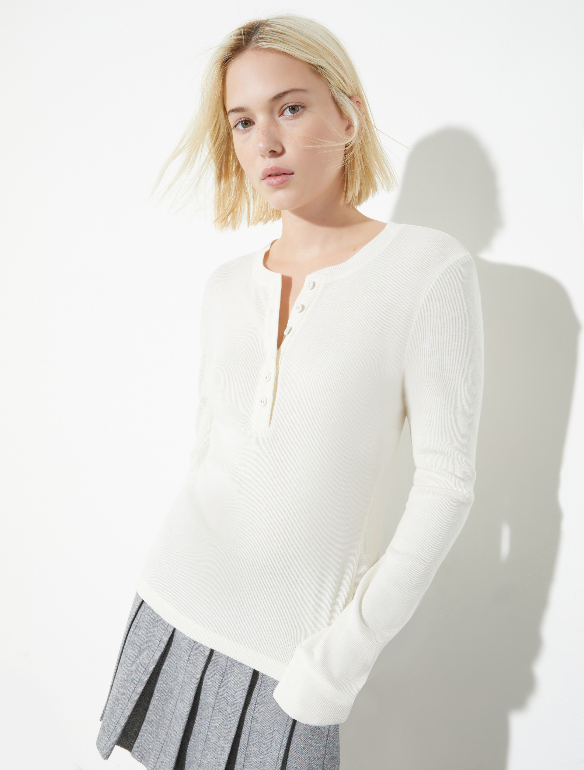 Grandad-collar ribbed T-shirt - WOOL WHITE - MAX&Co.