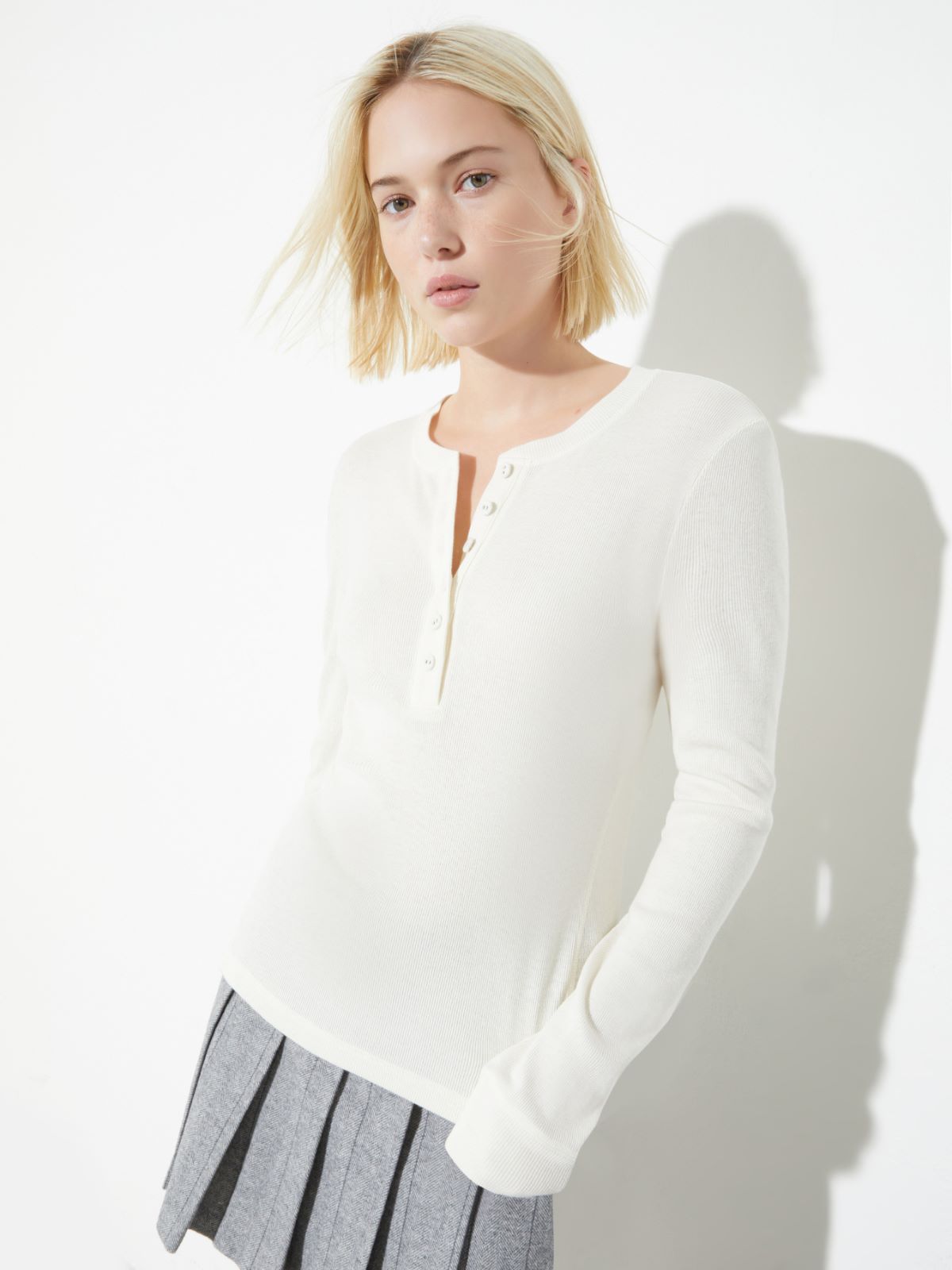 Grandad-collar ribbed T-shirt - WOOL WHITE - MAX&Co.