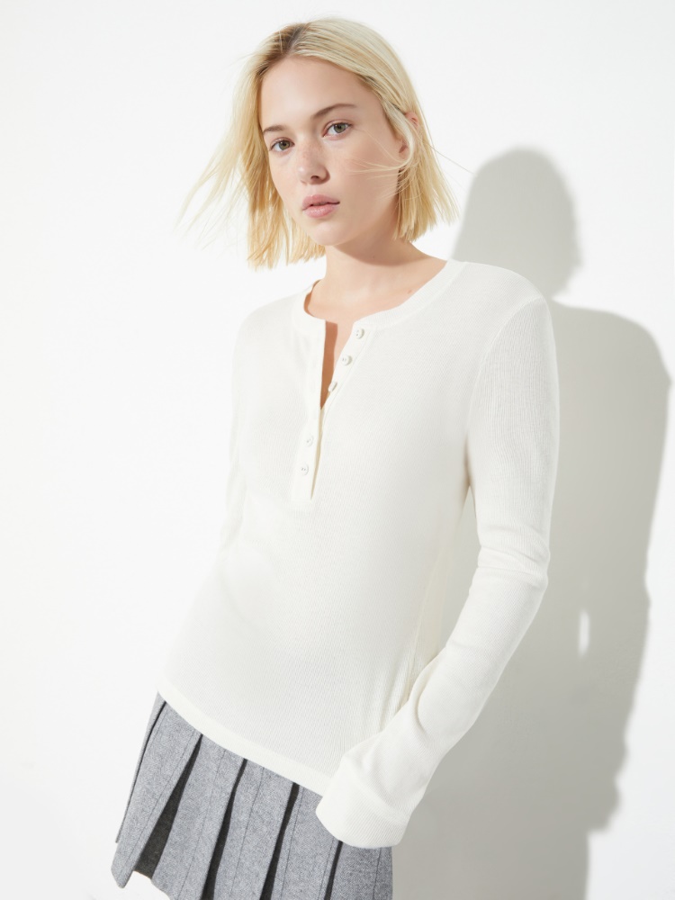 Grandad-collar ribbed T-shirt - WOOL WHITE - MAX&Co.