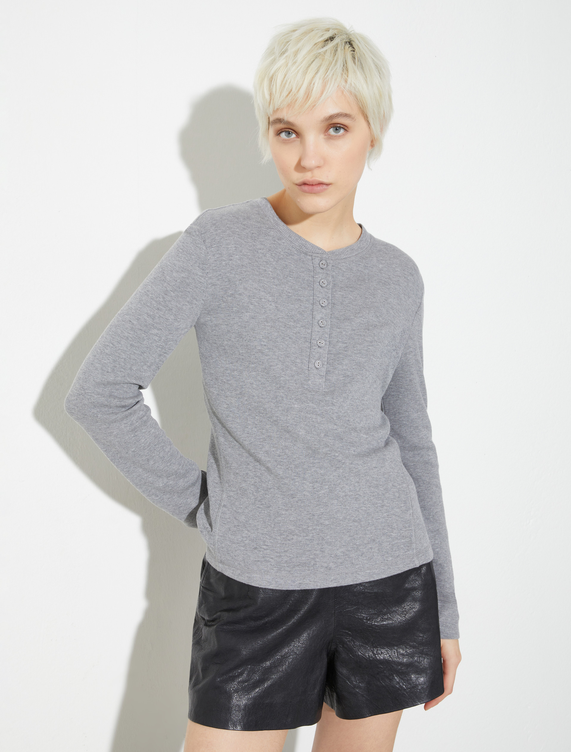 Grandad-collar ribbed T-shirt, melange grey | MAX&Co. Grandad-collar ribbed T-shirt - MELANGE GREY - MAX&Co.