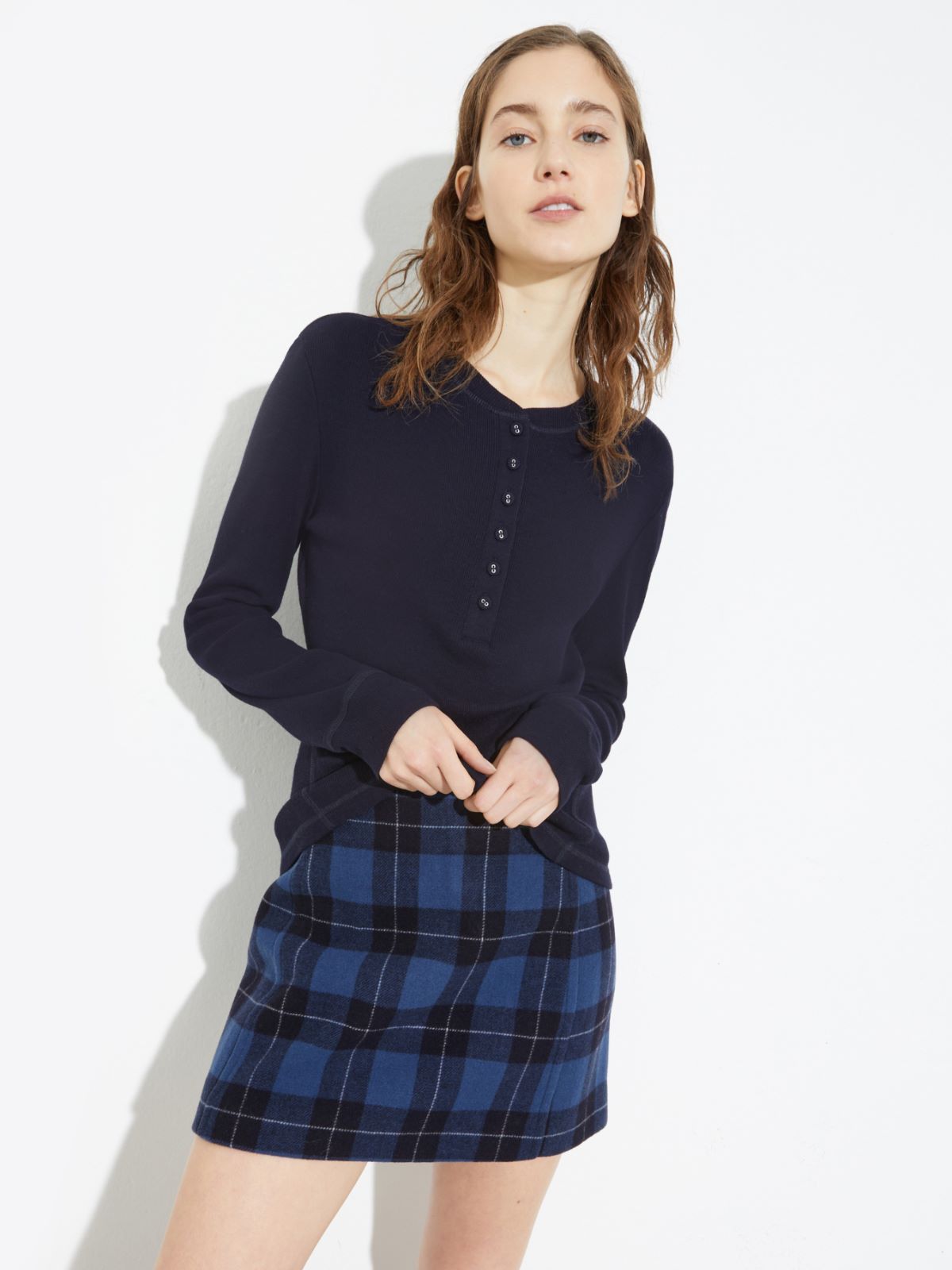 Grandad-collar ribbed T-shirt - NAVY - MAX&Co.