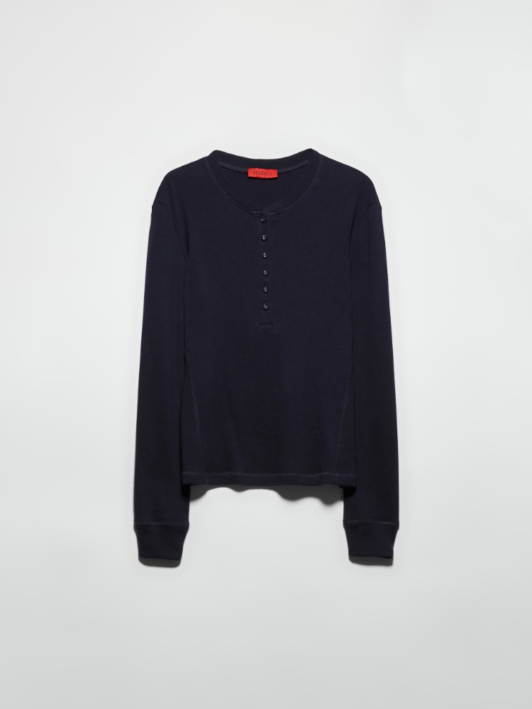 Grandad-collar ribbed T-shirt - NAVY - MAX&Co.