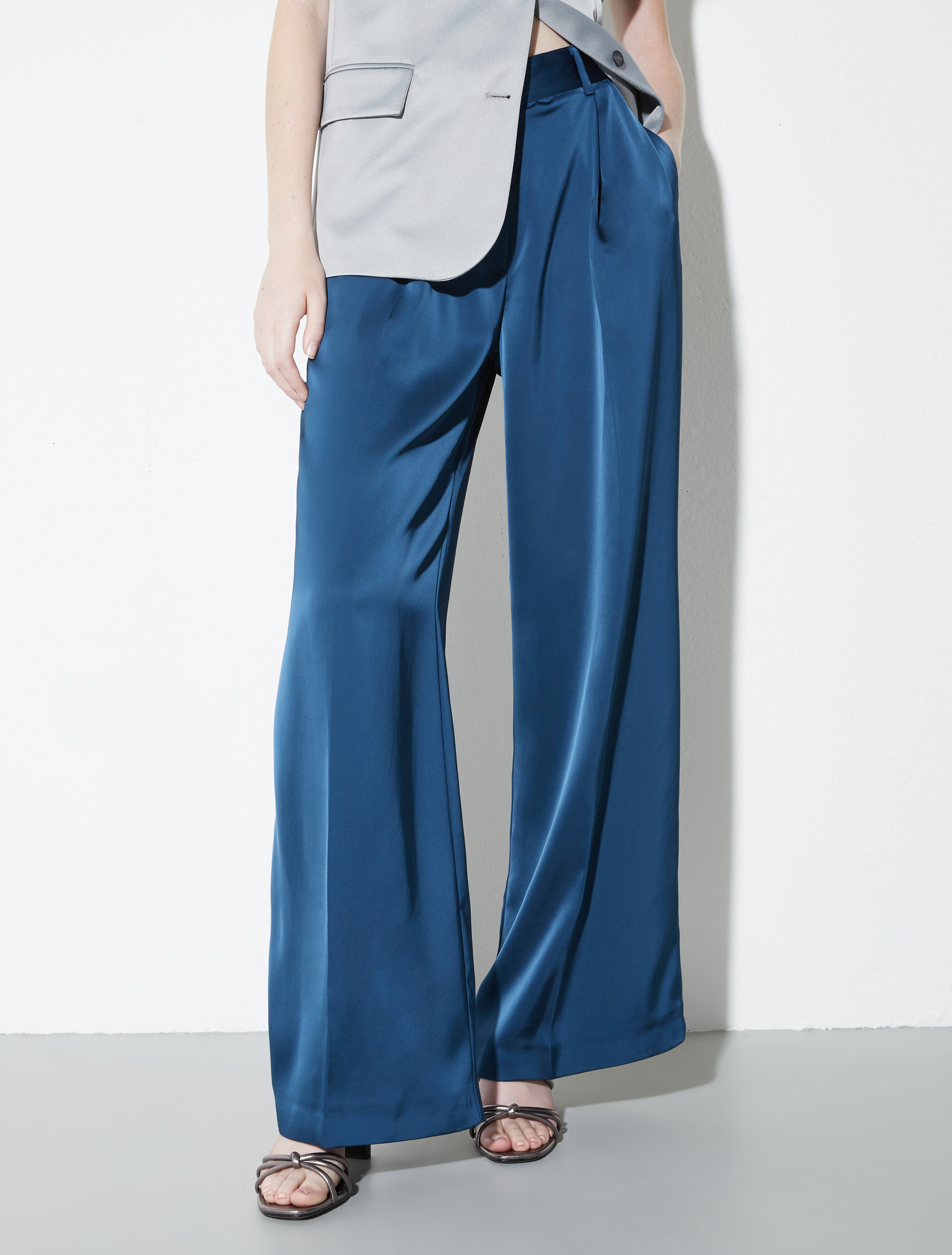 Flowing satin wide-leg trousers, navy | MAX&Co. Flowing satin wide-leg trousers - NAVY - MAX&Co.