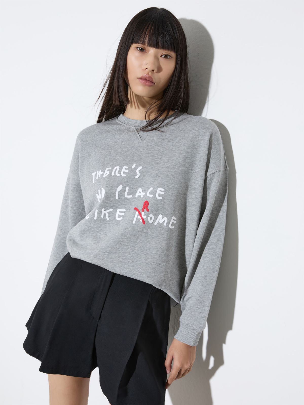 Cotton sweatshirt with lettering - MELANGE GREY - MAX&Co.
