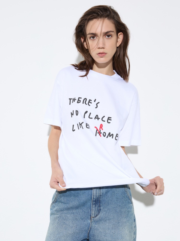 Cotton T-shirt with lettering - OPTICAL WHITE - MAX&Co.