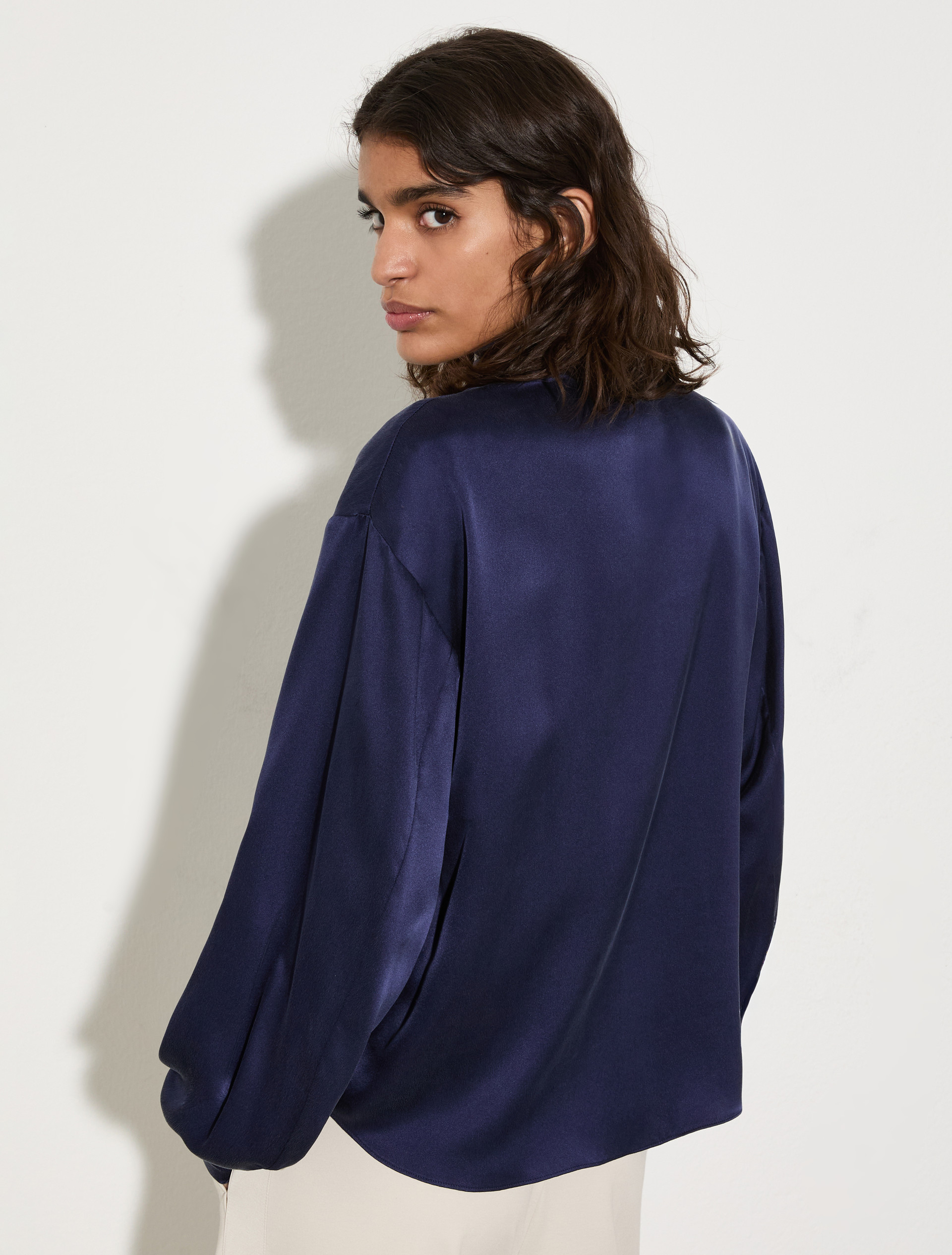 Scarf-detailed silk-satin blouse, navy | MAX&Co. Scarf-detailed silk-satin blouse - NAVY - MAX&Co. - 2