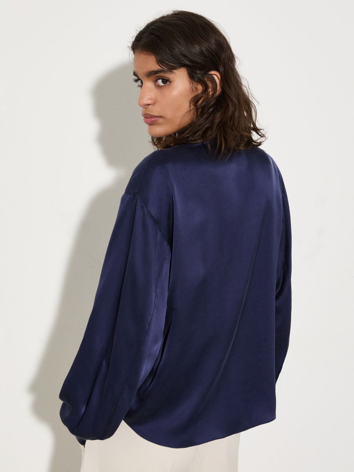 Scarf-detailed silk-satin blouse, navy | MAX&Co. Scarf-detailed silk-satin blouse - NAVY - MAX&Co. - 2