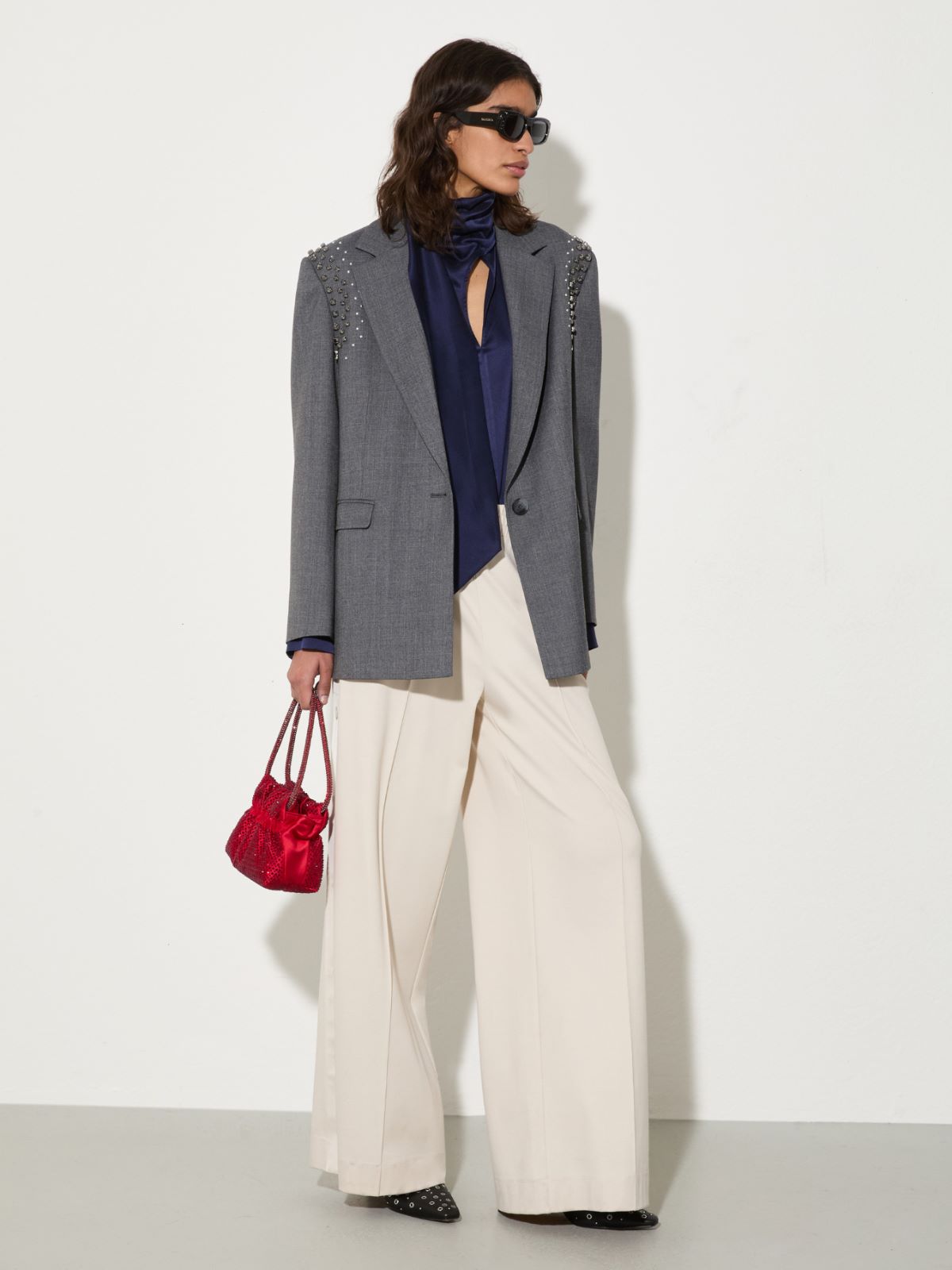 Scarf-detailed silk-satin blouse, navy | MAX&Co. Scarf-detailed silk-satin blouse - NAVY - MAX&Co. - 4