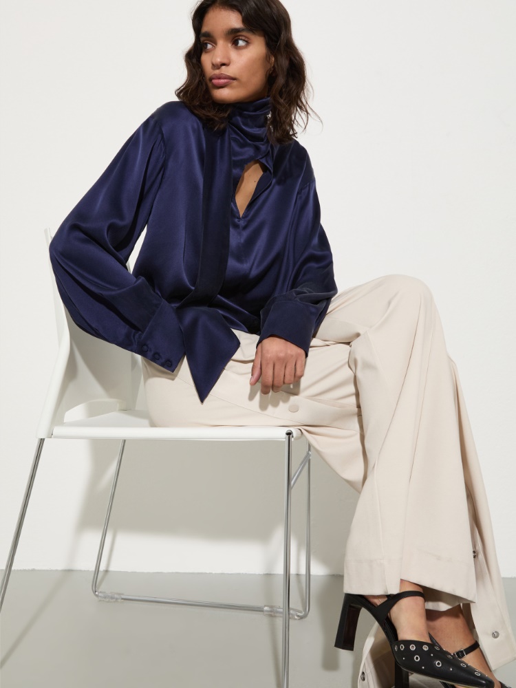 Scarf-detailed silk-satin blouse - NAVY - MAX&Co.