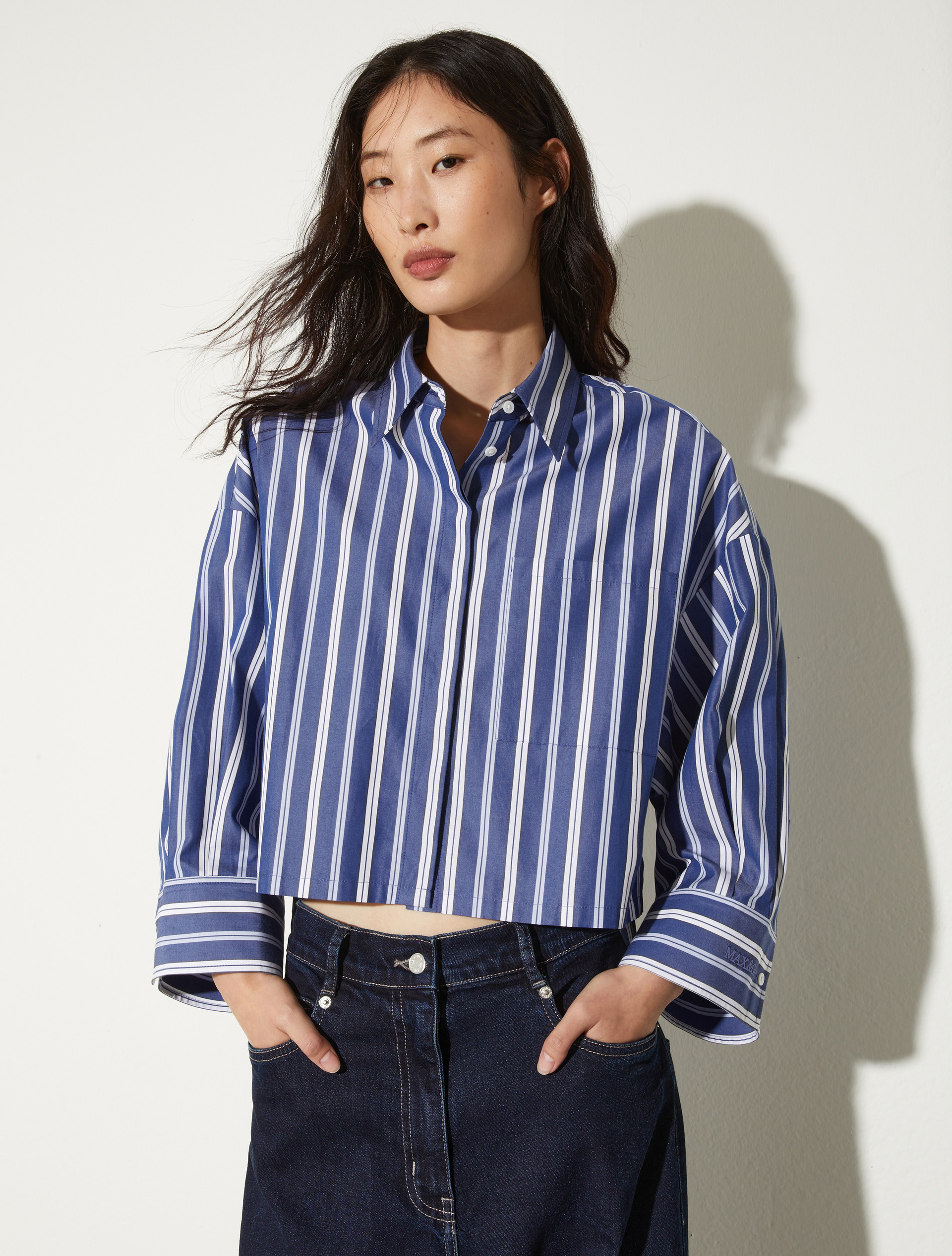 Cropped cotton-poplin shirt, navy | MAX&Co. Cropped cotton-poplin shirt - NAVY - MAX&Co.