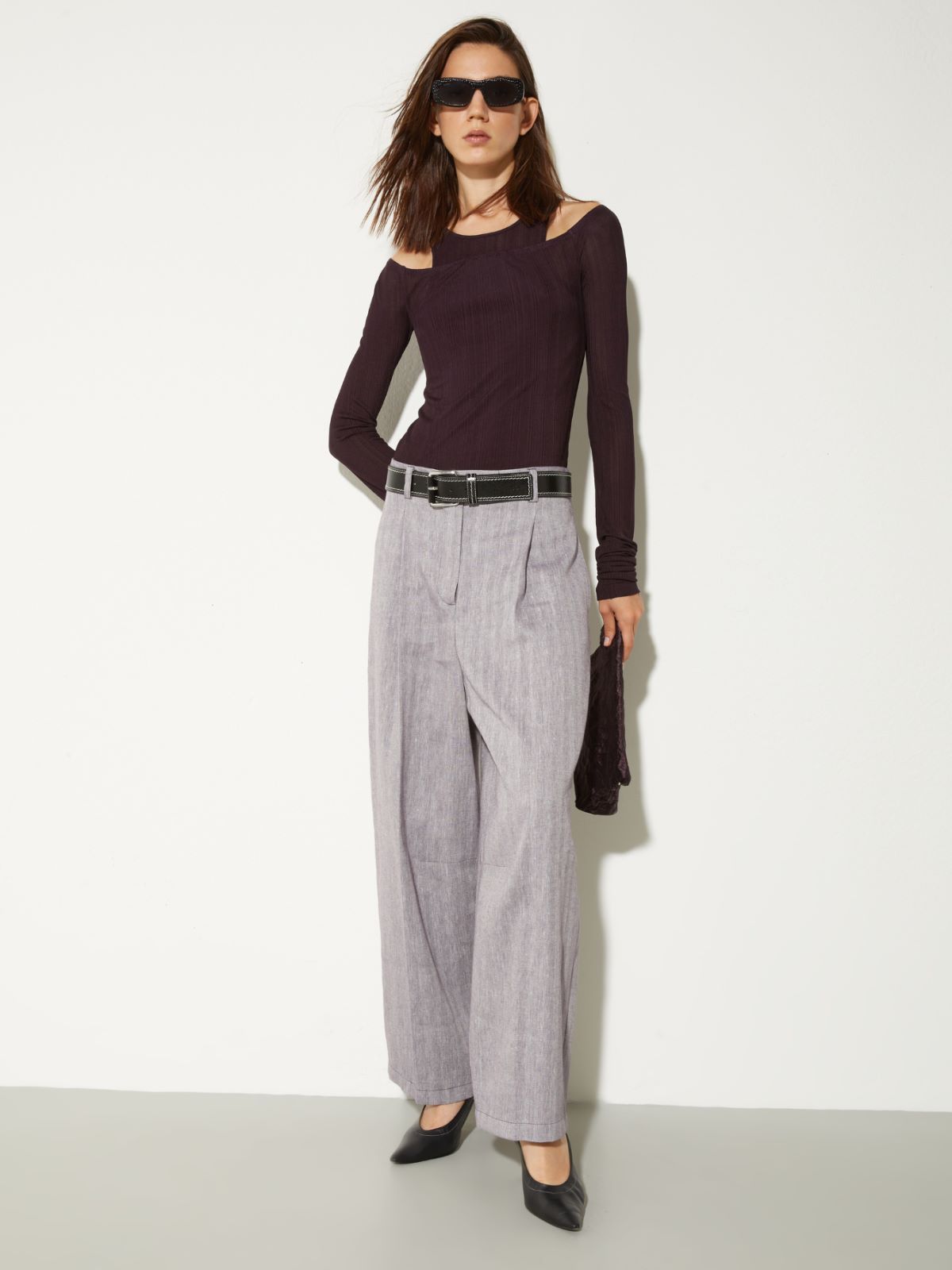 Wide-leg linen and cotton trousers - AUBERGINE - MAX&Co.