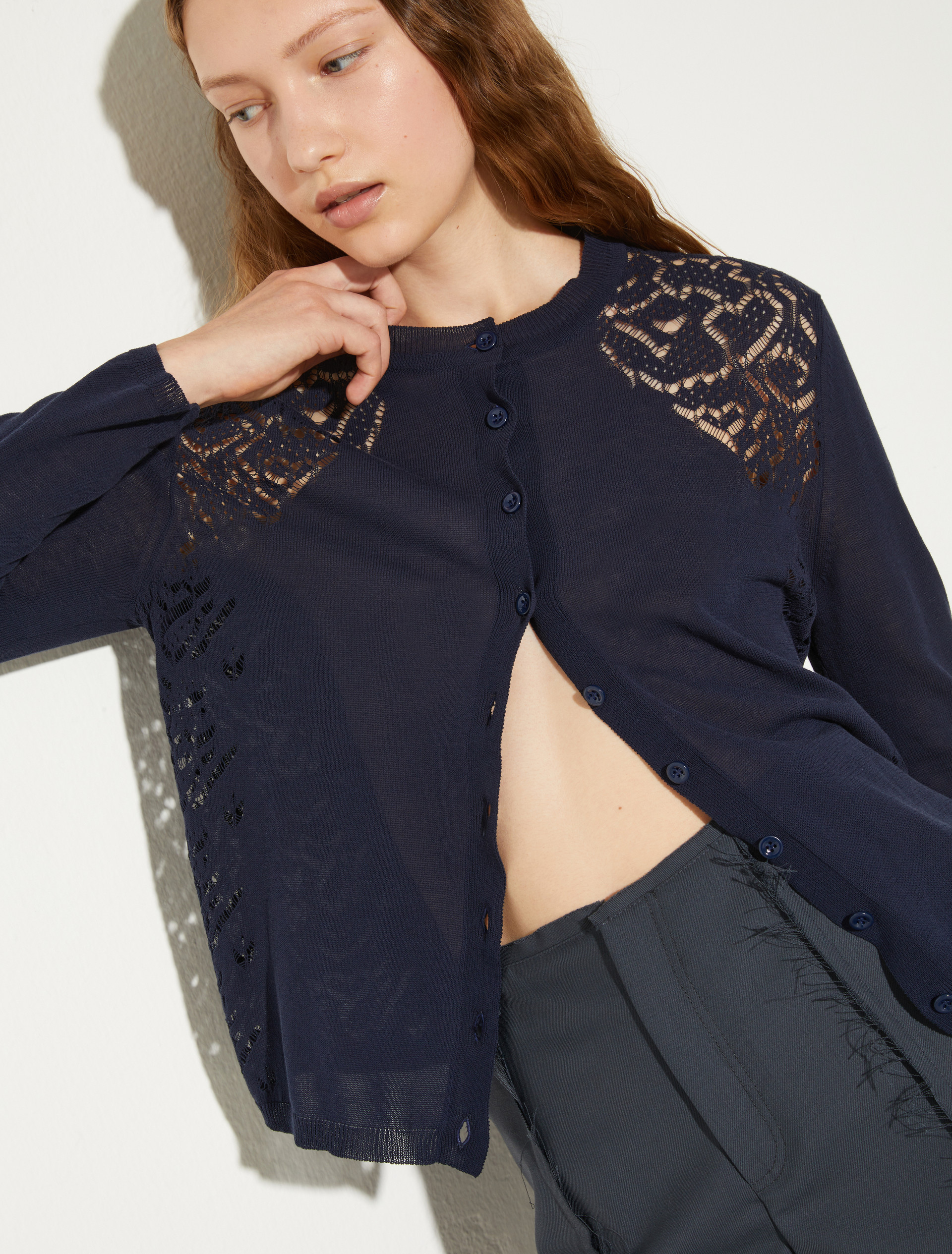 Pointelle-knit cotton cardigan - NAVY - MAX&Co. - 3