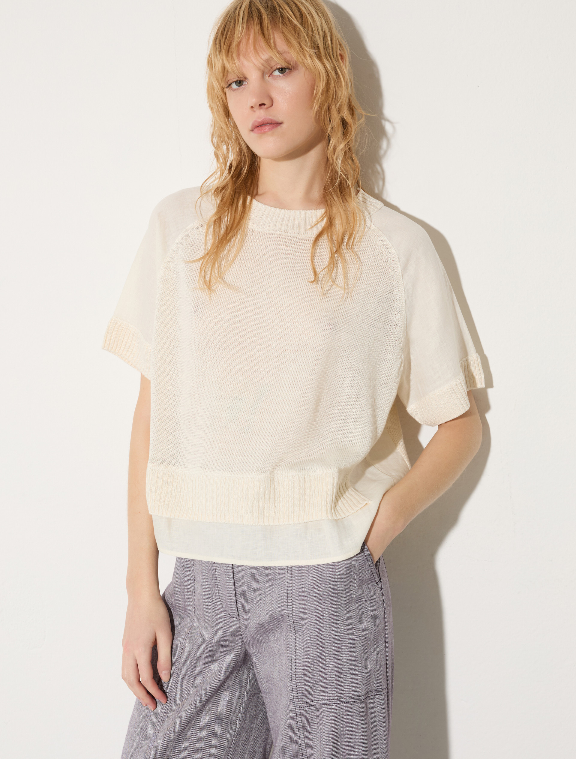 T-shirt en maille de lin mélangé - LAIT - MAX&Co.