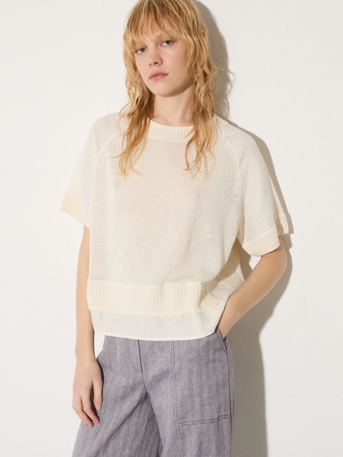 T-shirt en maille de lin mélangé - LAIT - MAX&Co.