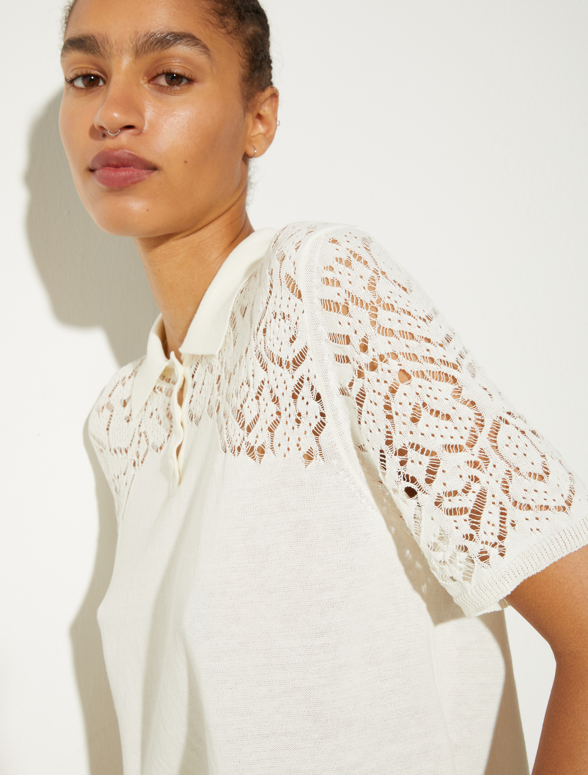 Pointelle-knit cotton polo shirt - MILK - MAX&Co. - 3