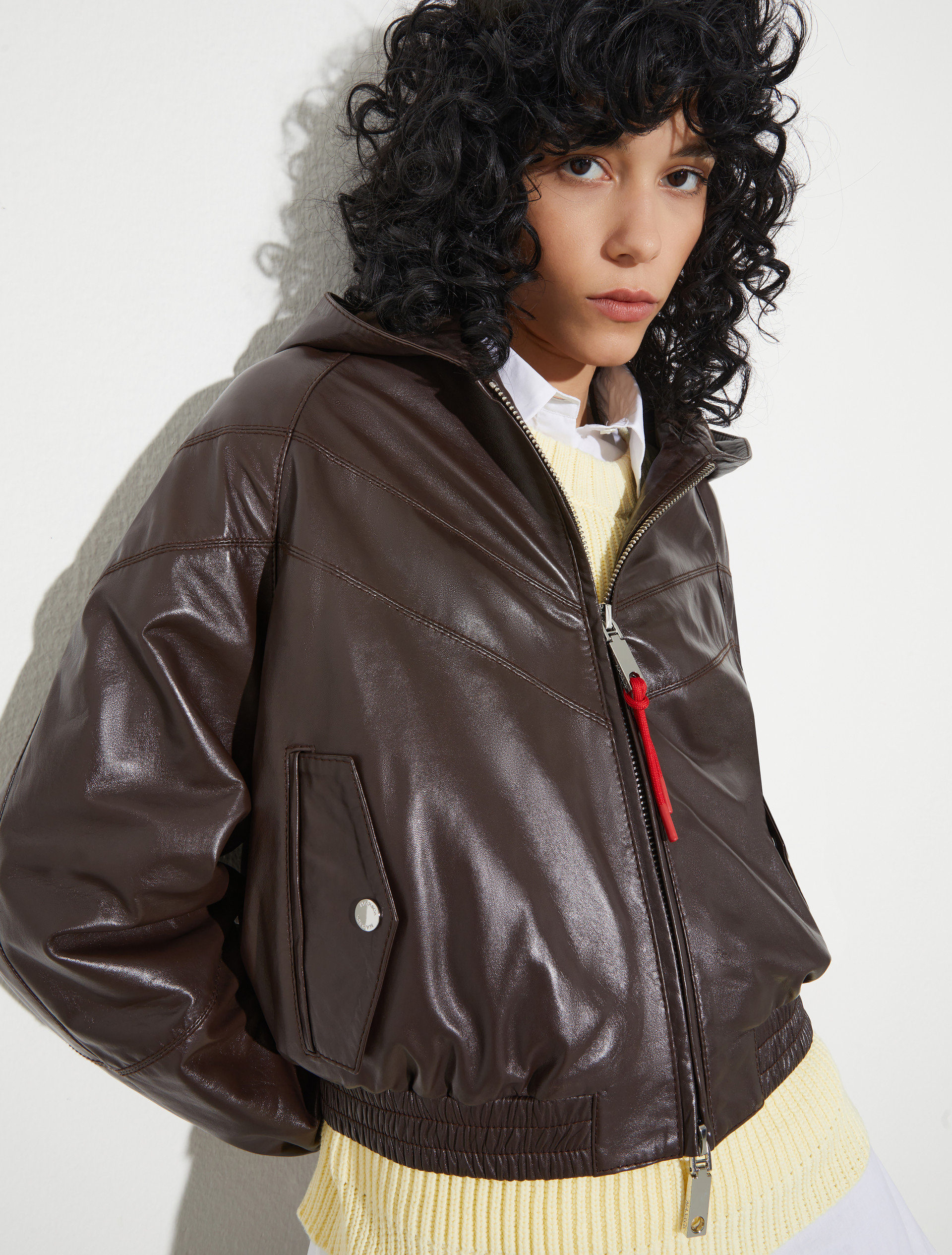 Glossy leather bomber jacket, chocolate | MAX&Co. Glossy leather bomber jacket - CHOCOLATE - MAX&Co. - 3