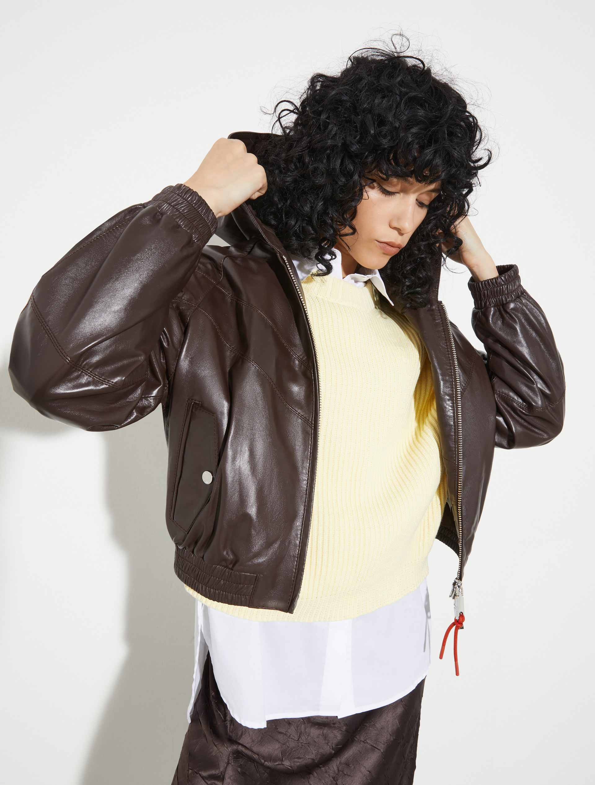 Glossy leather bomber jacket, chocolate | MAX&Co. Glossy leather bomber jacket - CHOCOLATE - MAX&Co.