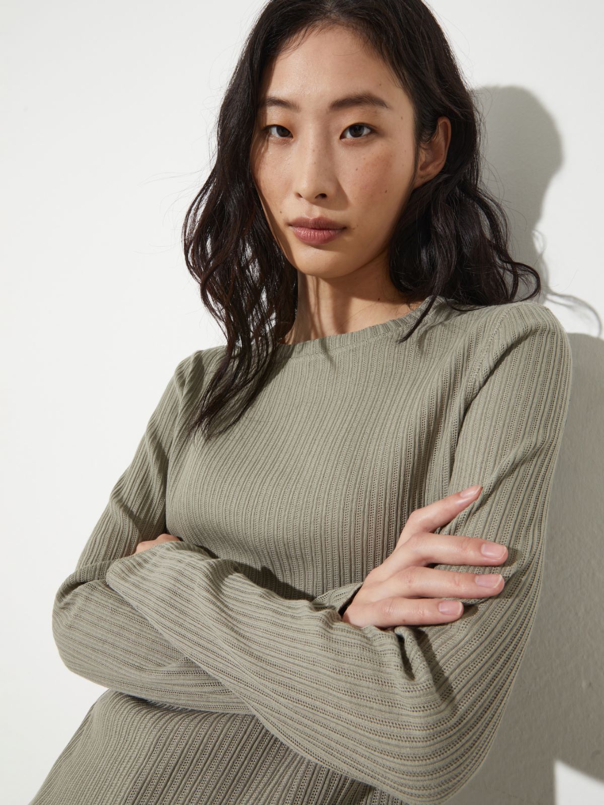 Open-knit ribbed T-shirt - SAGE - MAX&Co. - 3