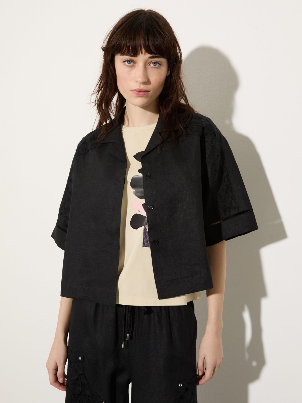 Embroidered linen boxy shirt - BLACK - MAX&Co.