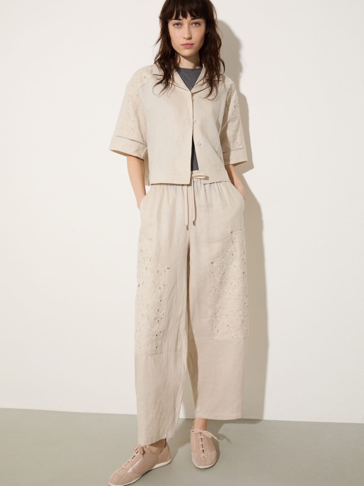 Embroidered linen trousers - OFF-WHITE - MAX&Co.