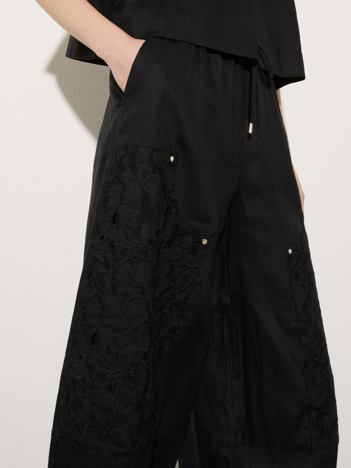 Embroidered linen trousers - BLACK - MAX&Co.