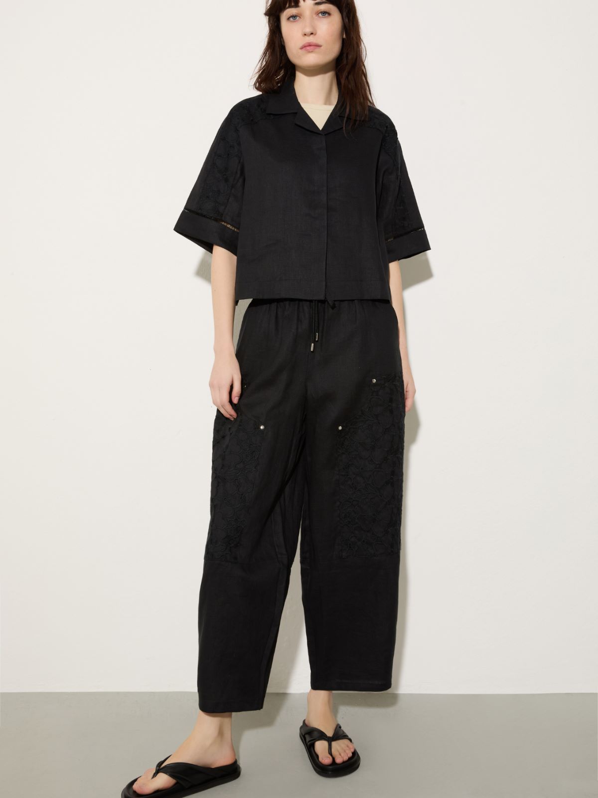 Embroidered linen trousers - BLACK - MAX&Co.