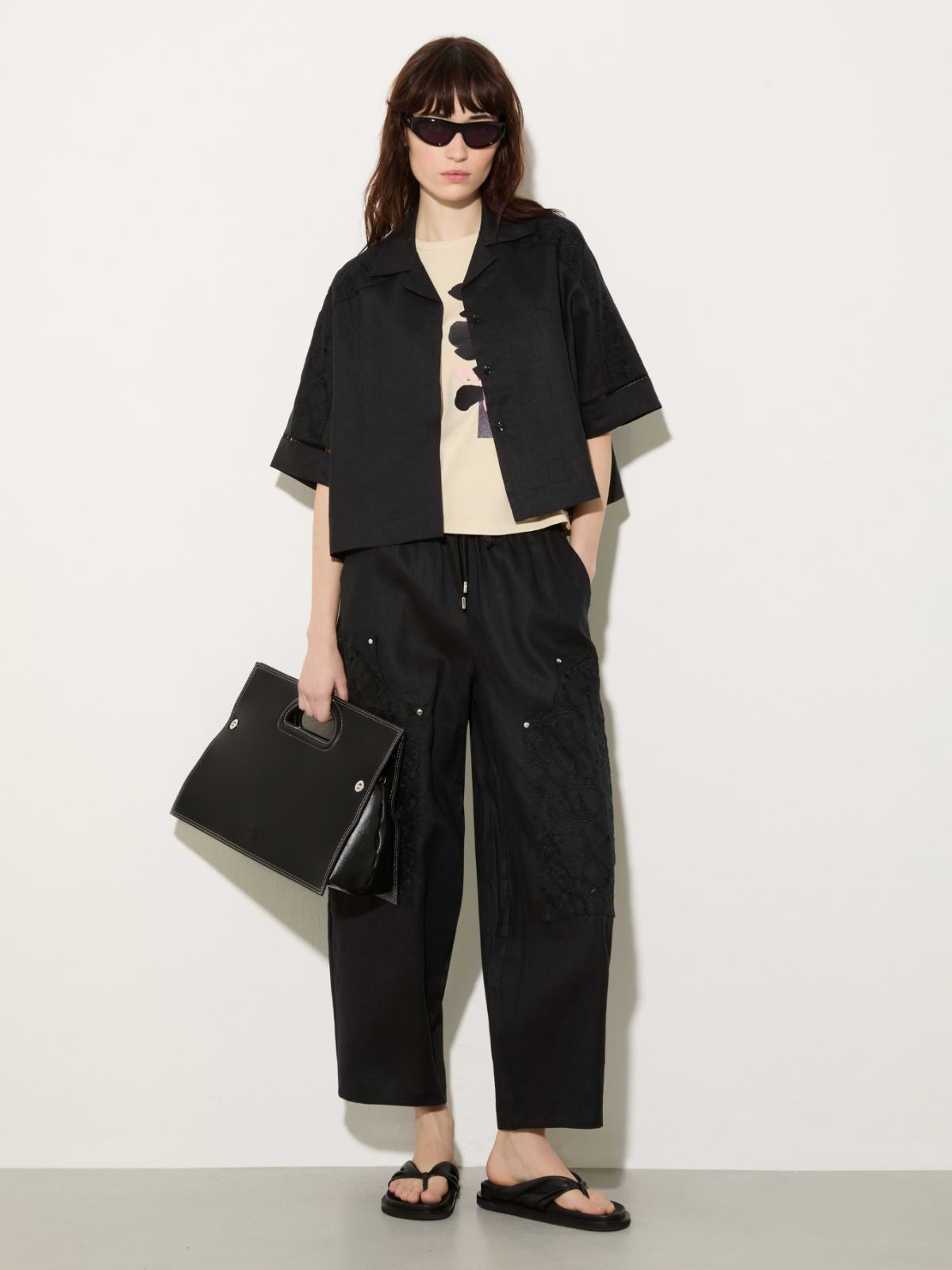 Embroidered linen trousers - BLACK - MAX&Co.