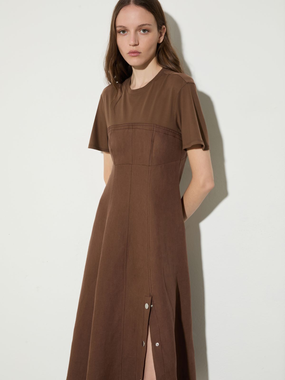Linen and jersey midi dress - COFFEE - MAX&Co.