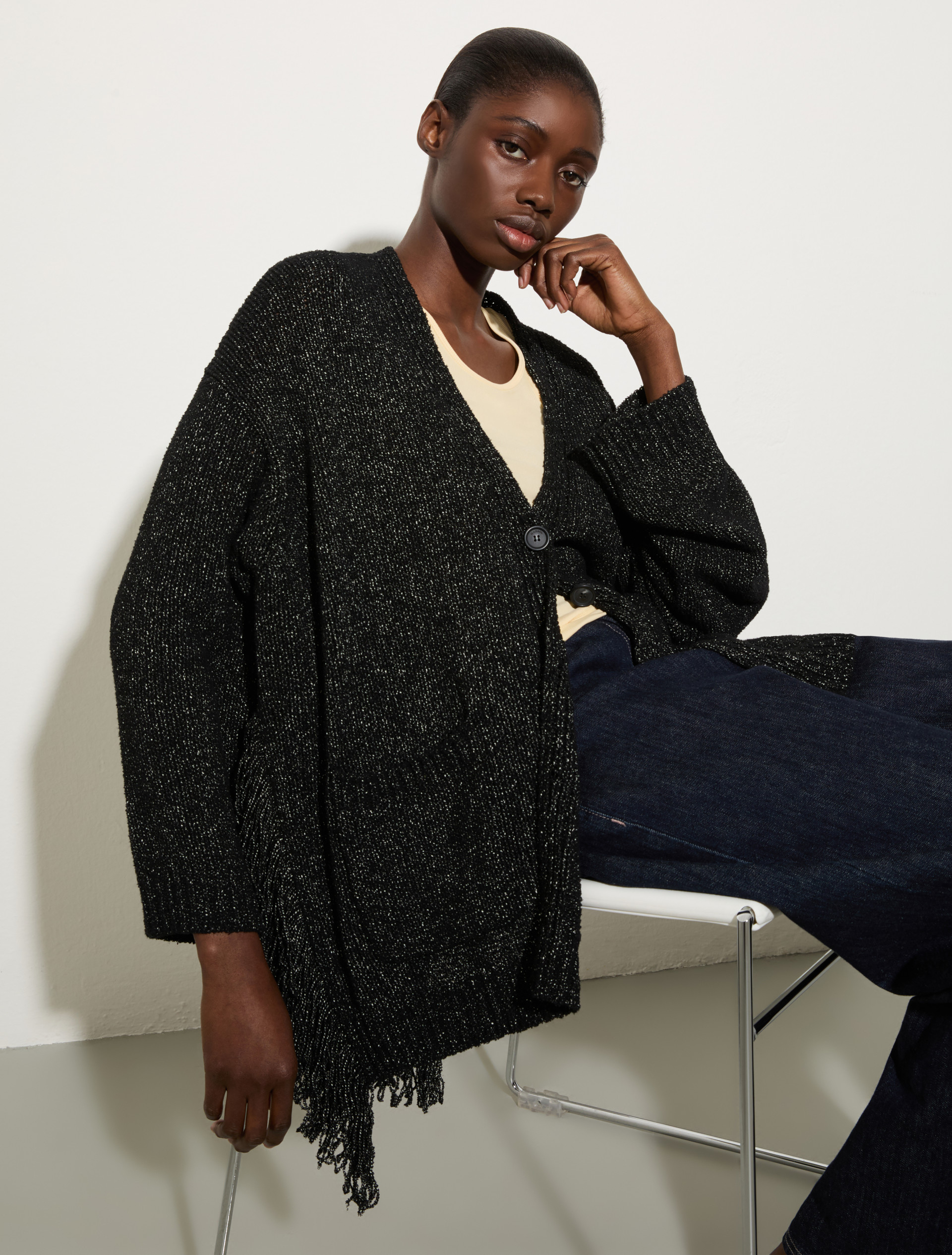 Bouclé cardigan with fringes, black | MAX&Co. Bouclé cardigan with fringes - BLACK - MAX&Co.