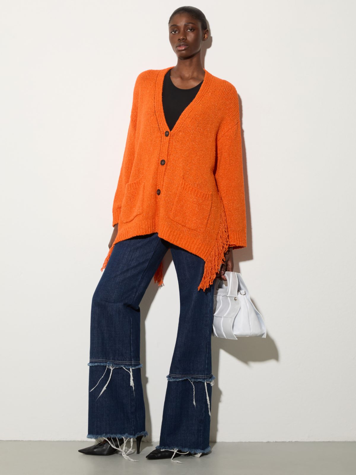 Bouclé cardigan with fringes, orange | MAX&Co. Bouclé cardigan with fringes - ORANGE - MAX&Co. - 4