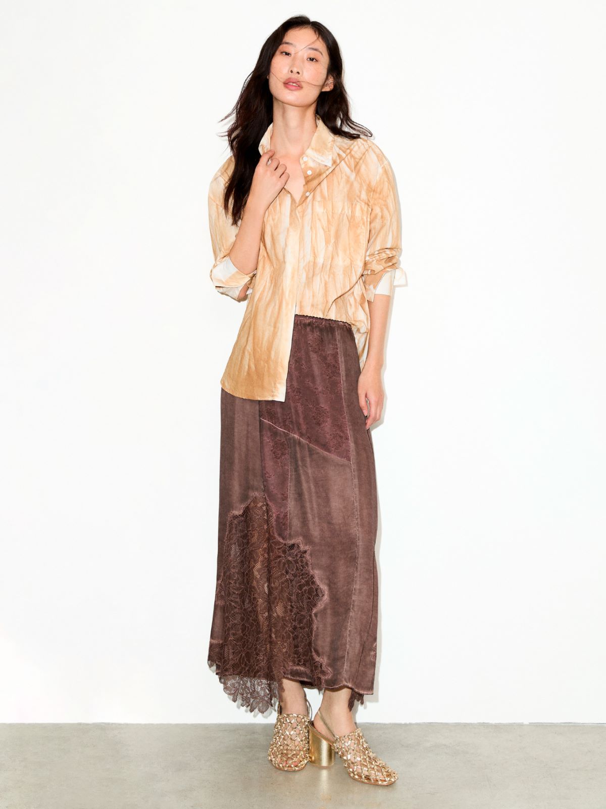 Lace-insert satin midi skirt - CHOCOLATE - MAX&Co. - 4