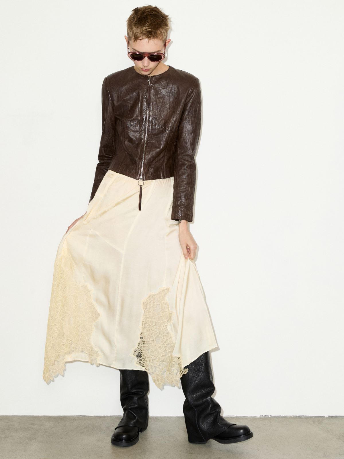 Lace-insert satin midi skirt - BANANA - MAX&Co. - 4