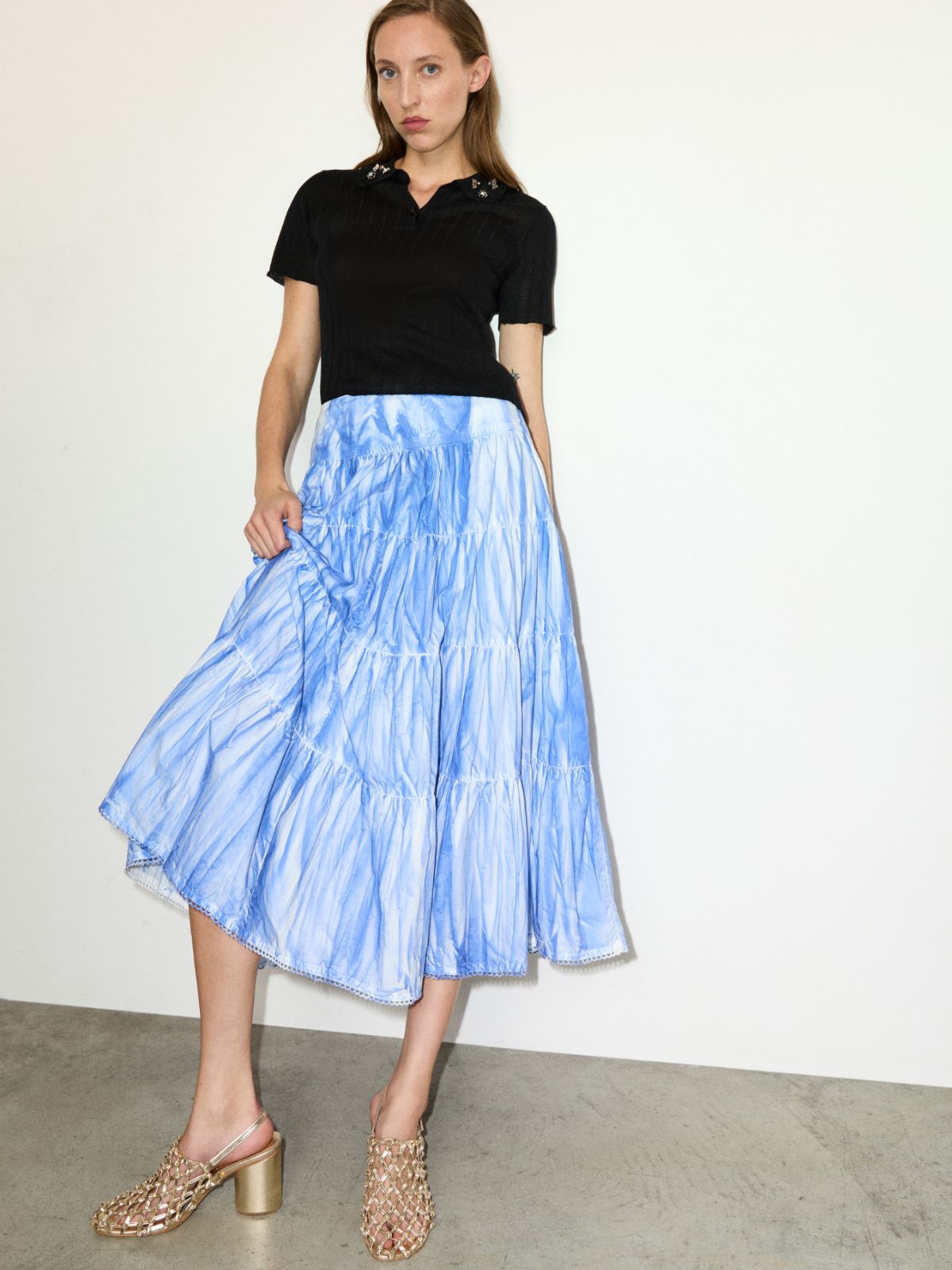 Falda midi corola de popelina de algodón - AZUL - MAX&Co.
