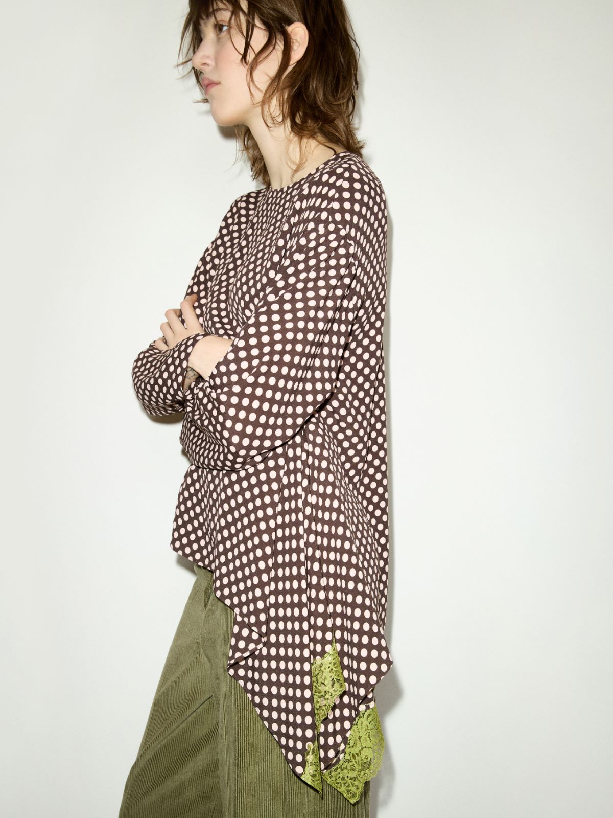 Lace trim asymmetric blouse - DARK BROWN - MAX&Co. - 3