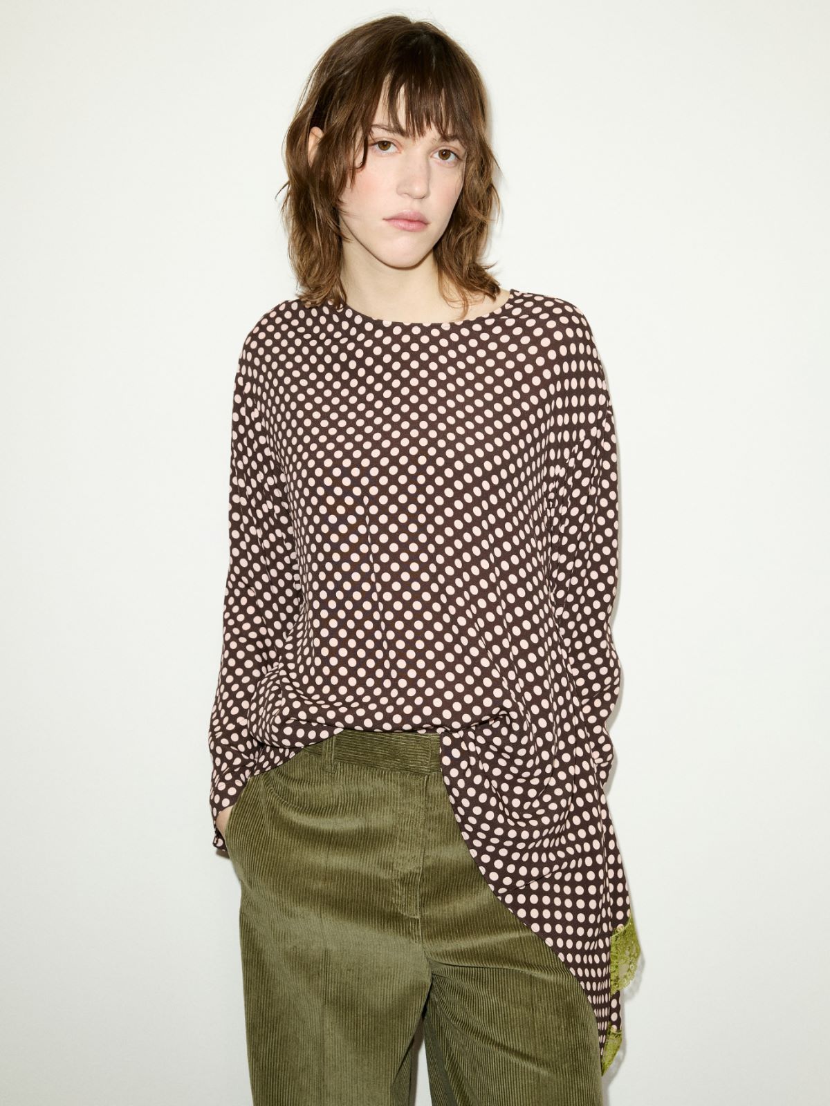 Lace trim asymmetric blouse - DARK BROWN - MAX&Co.