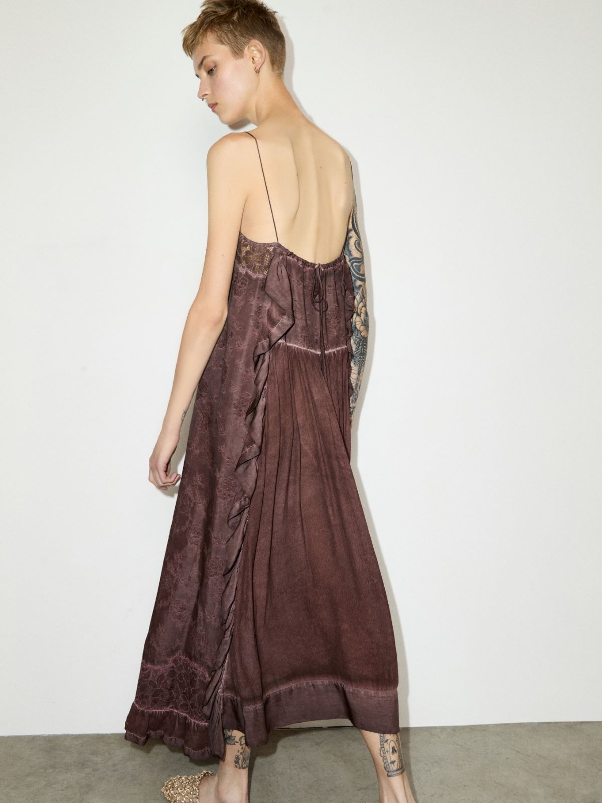 Lace-trimmed jacquard maxi dress - CHOCOLATE - MAX&Co.