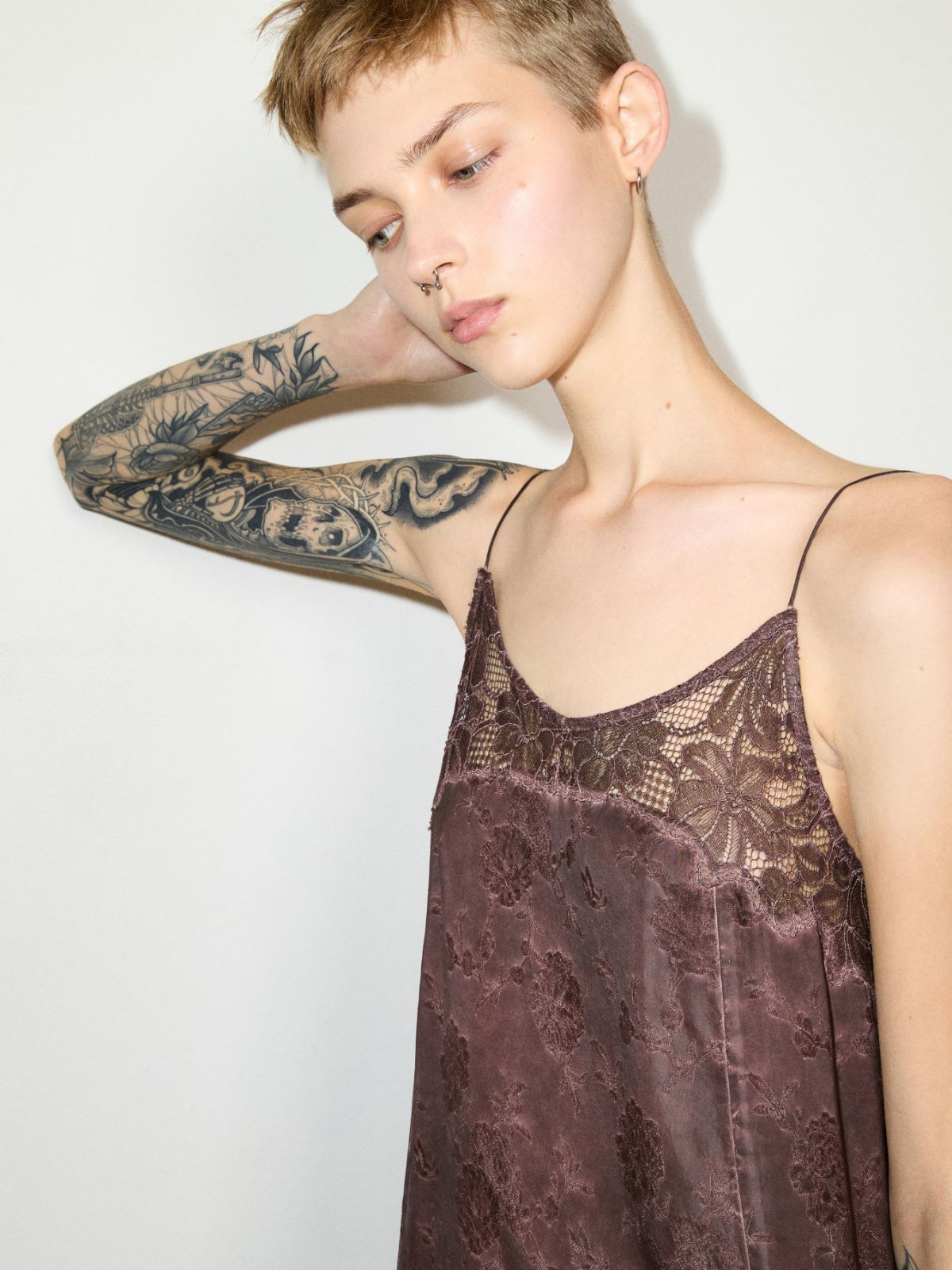 Lace-trimmed jacquard maxi dress - CHOCOLATE - MAX&Co.