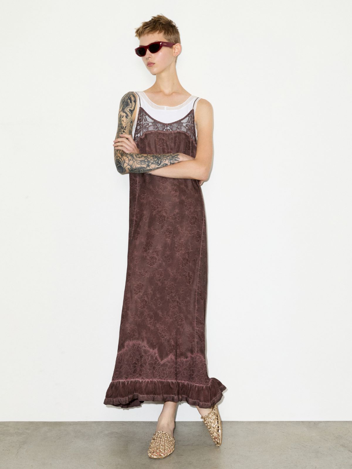 Lace-trimmed jacquard maxi dress - CHOCOLATE - MAX&Co.