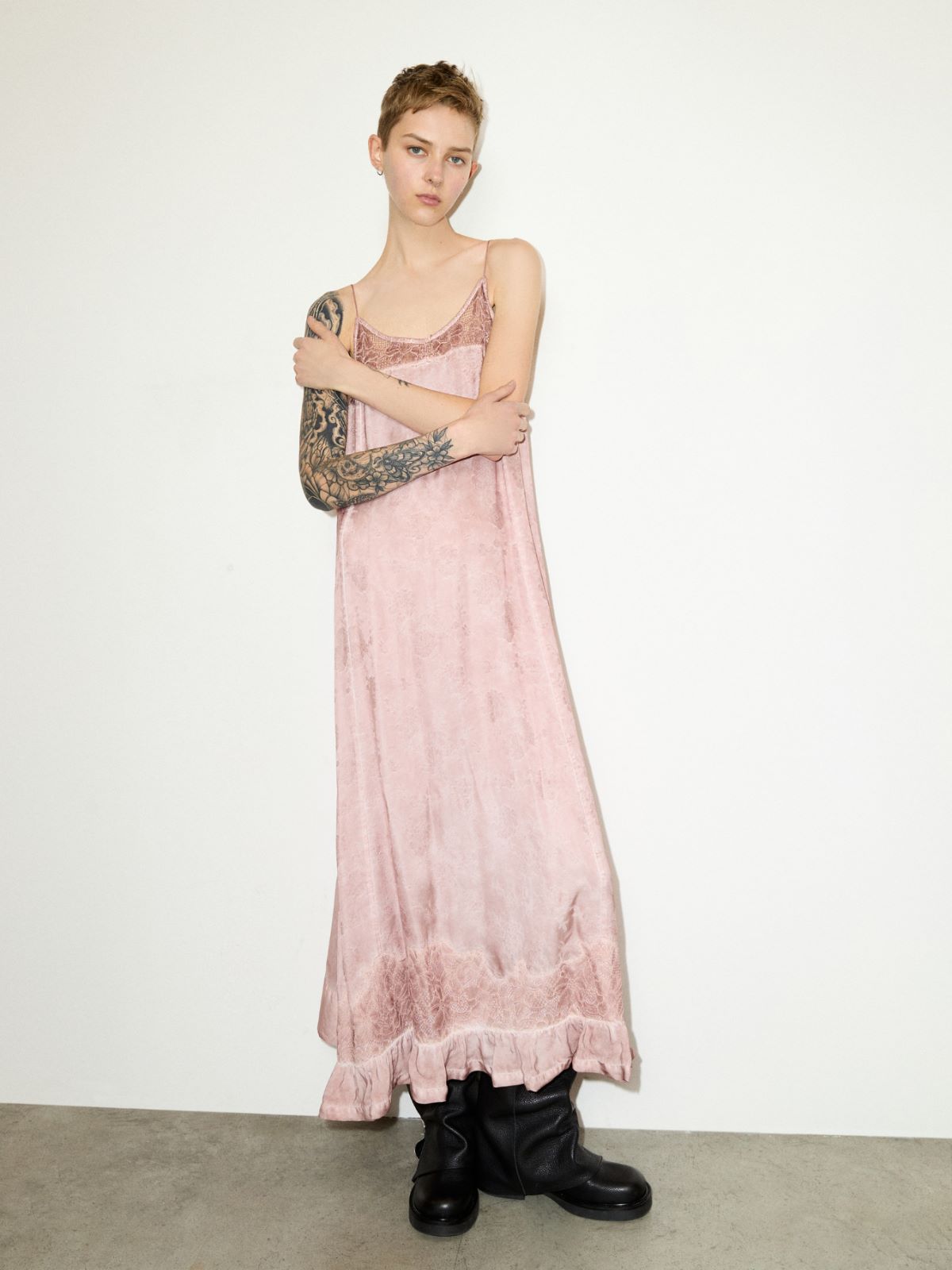 Lace-trimmed jacquard maxi dress - PINK - MAX&Co. - 4