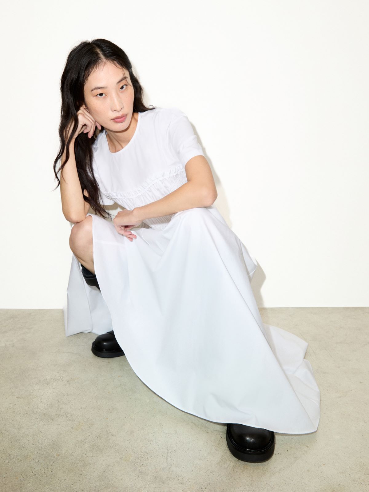 Ruched cotton-poplin midi dress - OPTICAL WHITE - MAX&Co.