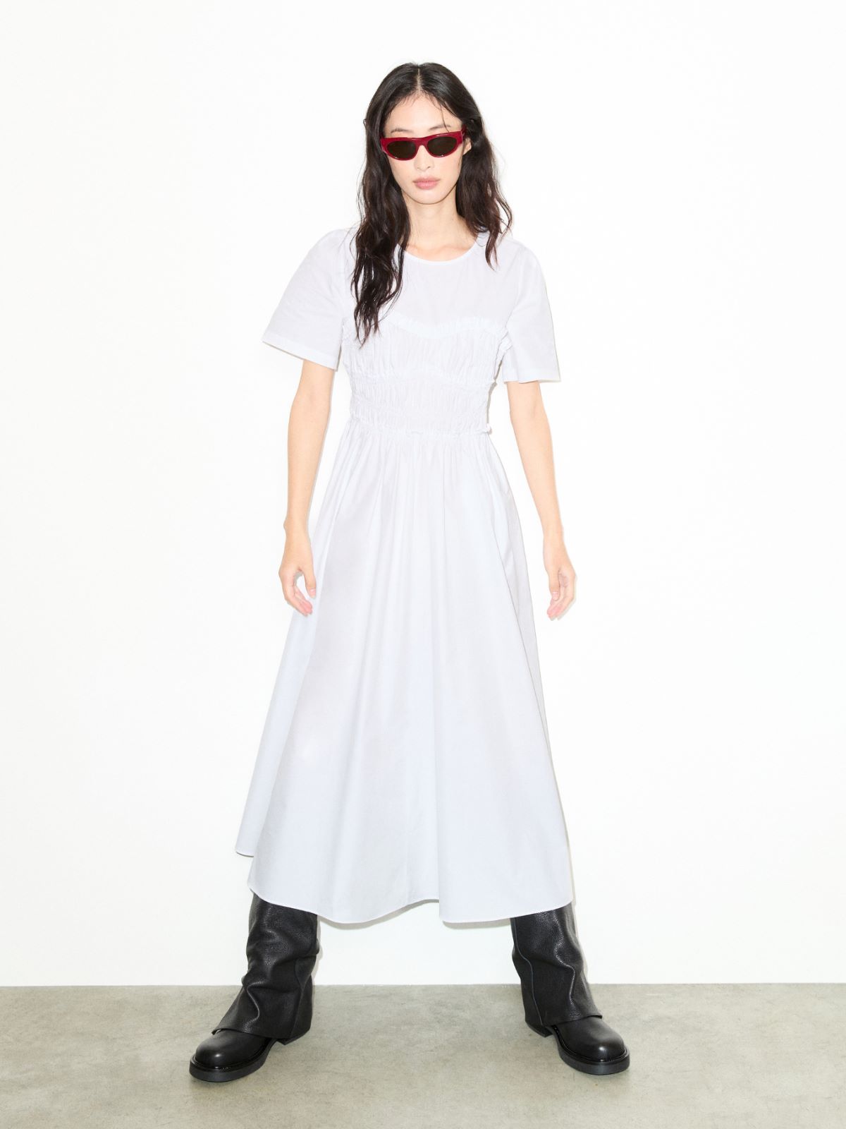 Ruched cotton-poplin midi dress - OPTICAL WHITE - MAX&Co.